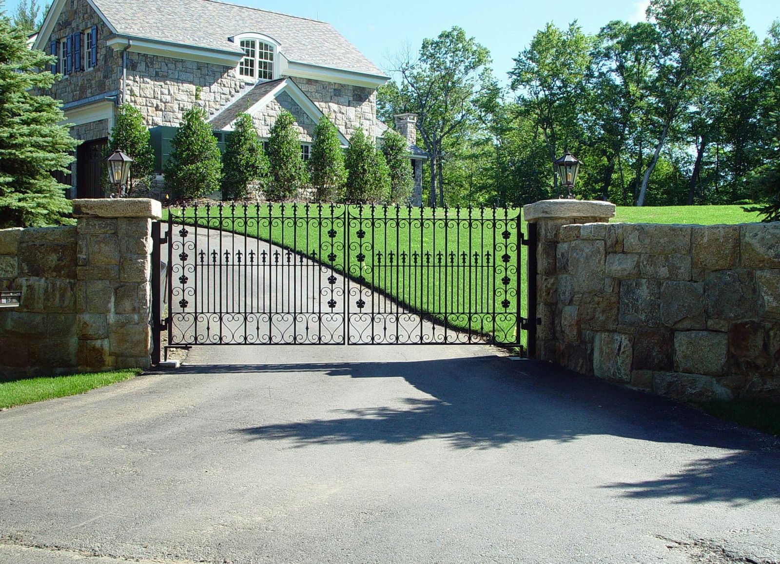 Wrought iron driveway gate decorate finials and collars