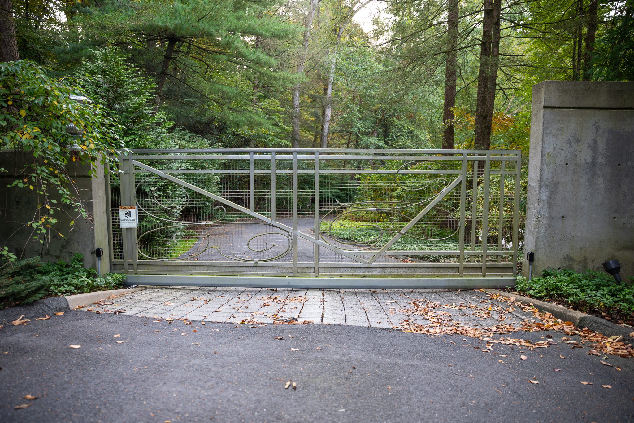 A metal sliding driveway gate sporting ornamental vines and a close-up of leaves and flowers at the end of them.