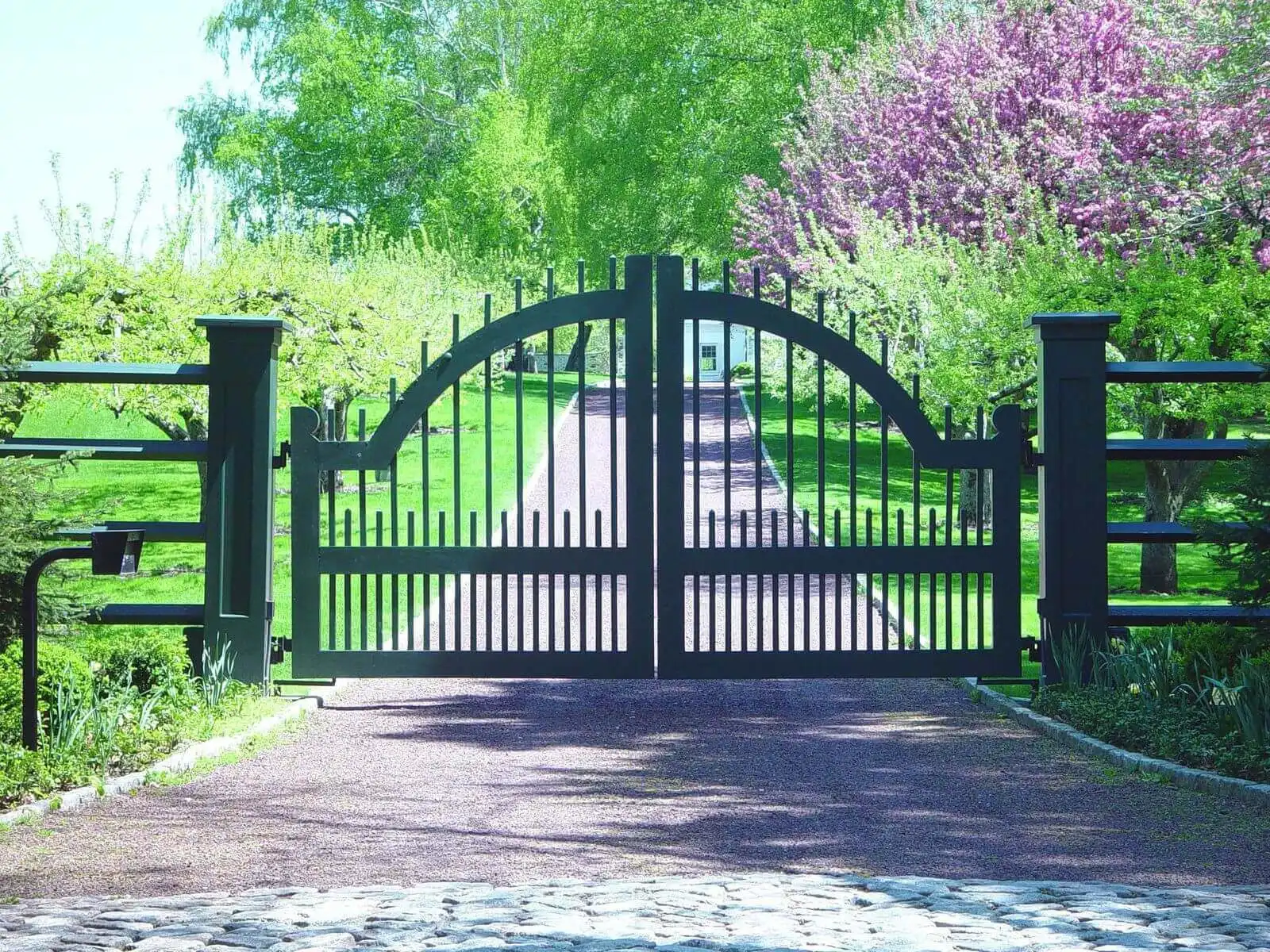 A modern arched wooden security gate painted dark green stands at the entrance to a garden.