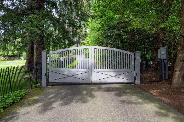 arched farmhouse style light gray composite driveway gate