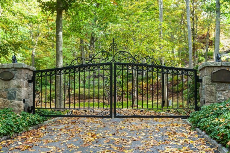 simple black metal driveway gate with subtle decoration at the top