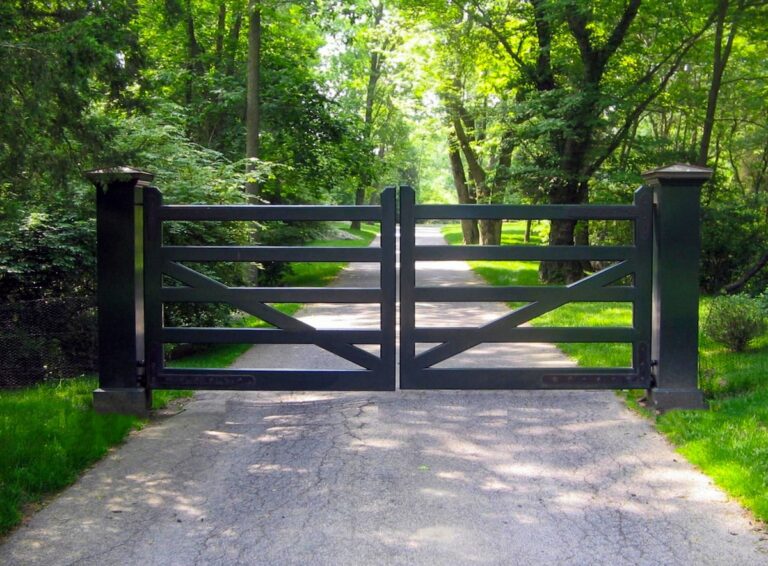 Dark green post rail inspired wood driveway gate